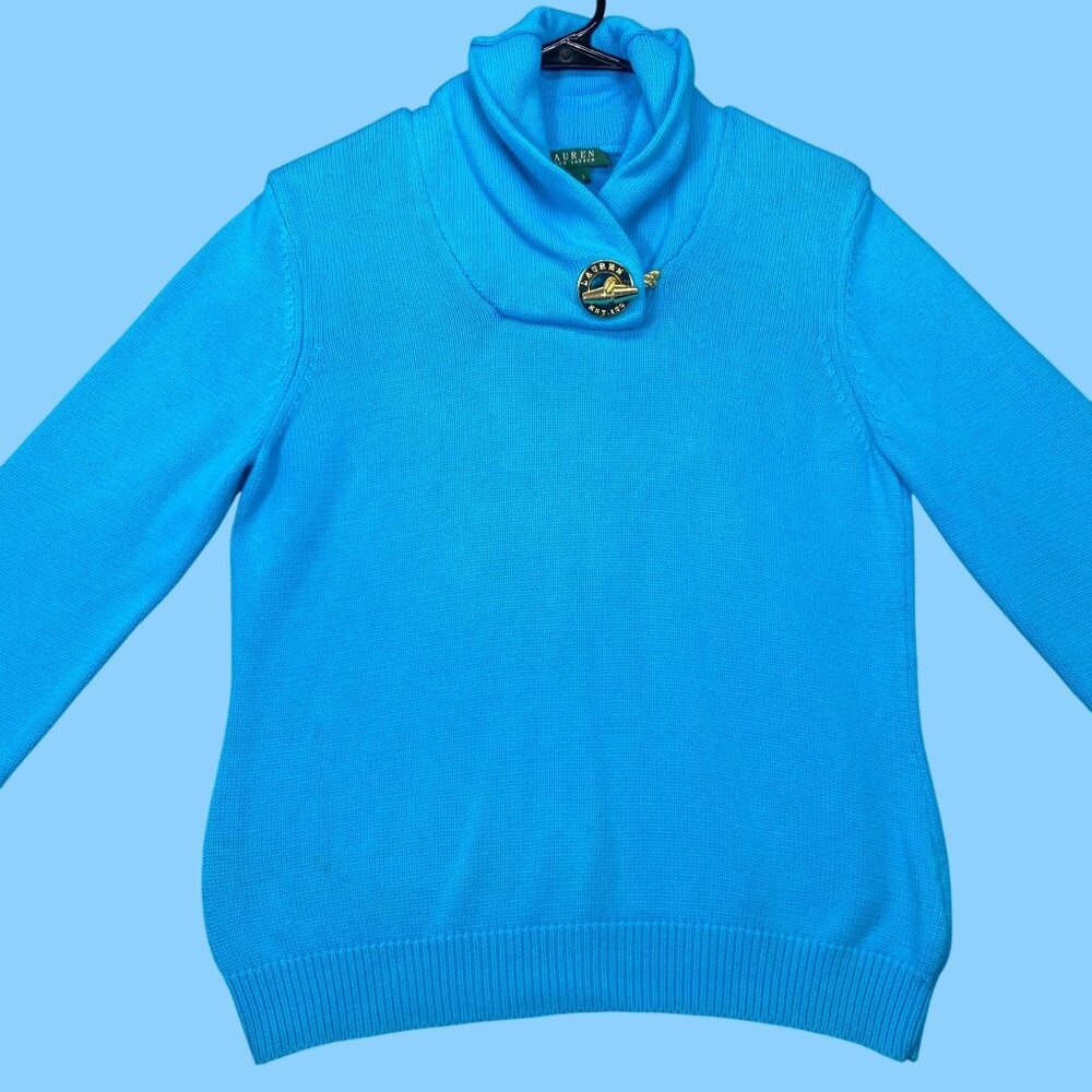 Lauren Ralph Lauren Turquoise Turtleneck Sweater Gold Button Womens Size Large